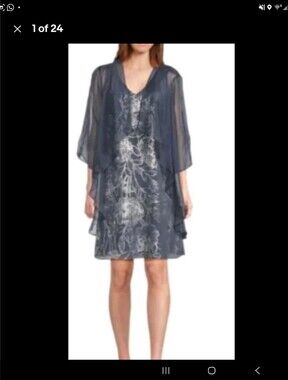 Sheer Navy/ steel Floral Midi Dress with Matching Chiffon Jacket
